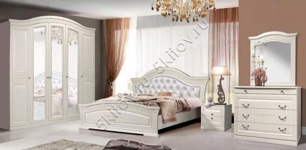 Комплект спальни Венера (кровать 1,8м, тумба прикроватная - 2 шт., комод с зеркалом, шкаф 5-и дверный), беж в Москве купить в интернет магазине - 5 Китов