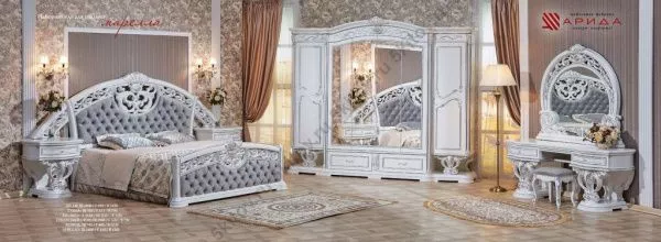 Комплект спальни Марелла (кровать 1,8, тумбы 2 шт, туалетный стол, шкаф 6-ти дверный), белый с серебром в Москве купить в интернет магазине - 5 Китов