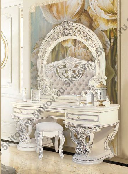 Туалетный стол с зеркалом + пуф Марелла, белый с серебром в Москве купить в интернет магазине - 5 Китов