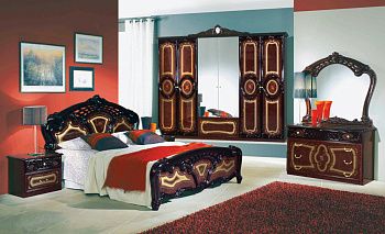 Комплект спальни Роза могано глянец (кровать 1,6, тумба прикроватная 2шт., комод с зеркалом, шкаф 6-ти дверный)