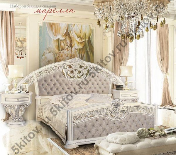 Комплект спальни Марелла (кровать 1,8, тумбы 2 шт, туал.стол, шкаф 6-ти двер.), белый с серебром в Москве купить в интернет магазине - 5 Китов