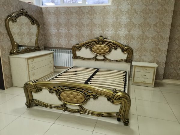 Комплект спальни Ольга беж золото (кровать 1,6, тумба прикроватная 2шт., комод с зеркалом, шкаф 6-ти дверный) в Москве купить в интернет магазине - 5 Китов