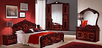 Комплект спальни Роза могано глянец (кровать 1,6, тумба прикроватная 2шт., комод с зеркалом, шкаф 4-х дверный)
