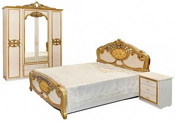 Комплект спальни Ольга беж золото (кровать 1,6, тумба прикроватная 2шт., комод с зеркалом, шкаф 4-х дверный)