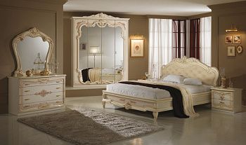 Комплект спальни Диана крем глянец (кровать 1,6, тумба прикроватная 2шт., комод с зеркалом, шкаф 4-х дверный)