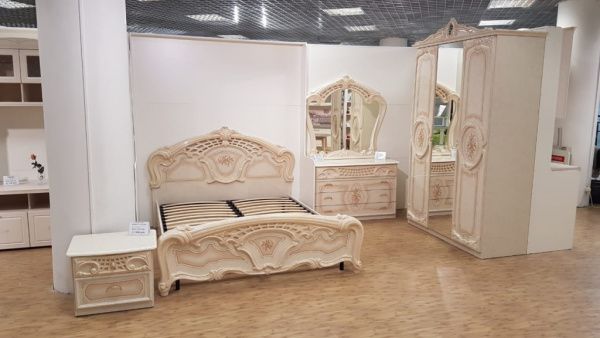 Комплект спальни Роза беж глянец (кровать 1,6, тумба прикроватная 2шт., комод с зеркалом, шкаф 3-х дверный) в Москве купить в интернет магазине - 5 Китов