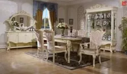 Комплект столовой Роял (витрина 3дв., комод с зеркалом, стол + 4 стула, 2 полукресла),слоновая кость в Москве купить в интернет магазине - 5 Китов